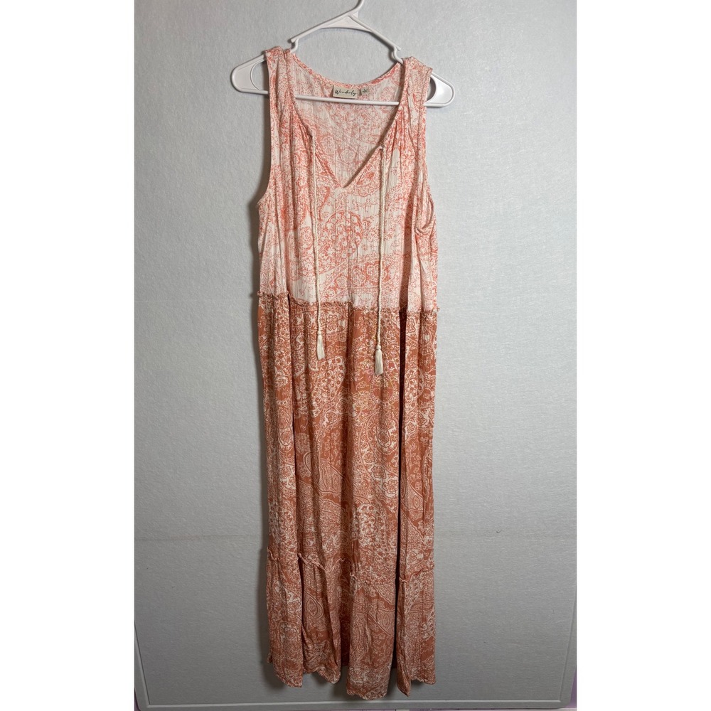 Wonderly Women L Boho Paisley Maxi Dress Terracotta Tiered Tassel Flowy/Festival